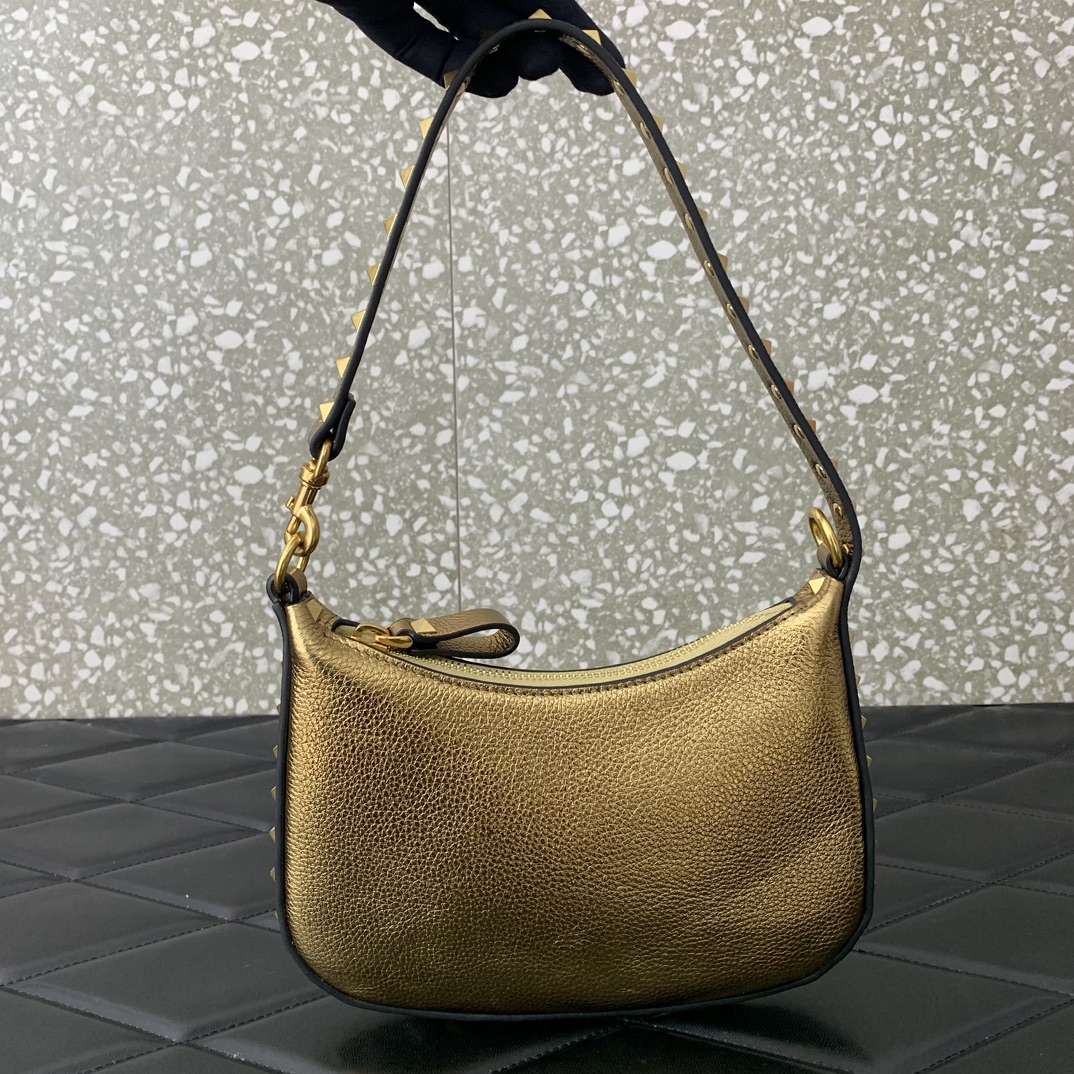 Valentino Garavani Rockstud Mini Hobo Bag in Gold Grainy Calfskin